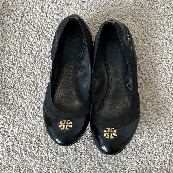 Tory Burch Black and Gold Leather Flats - Picture 1 of 3